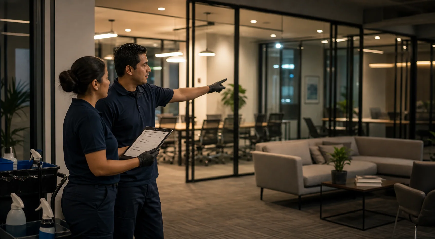 Commercial cleaning team reviewing a building scope in a modern office