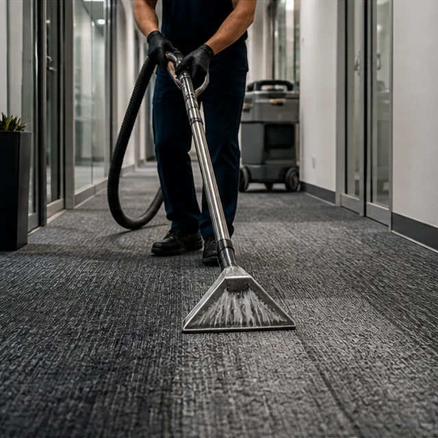 Commercial floor care team reviewing high-traffic floor areas in a professional facility