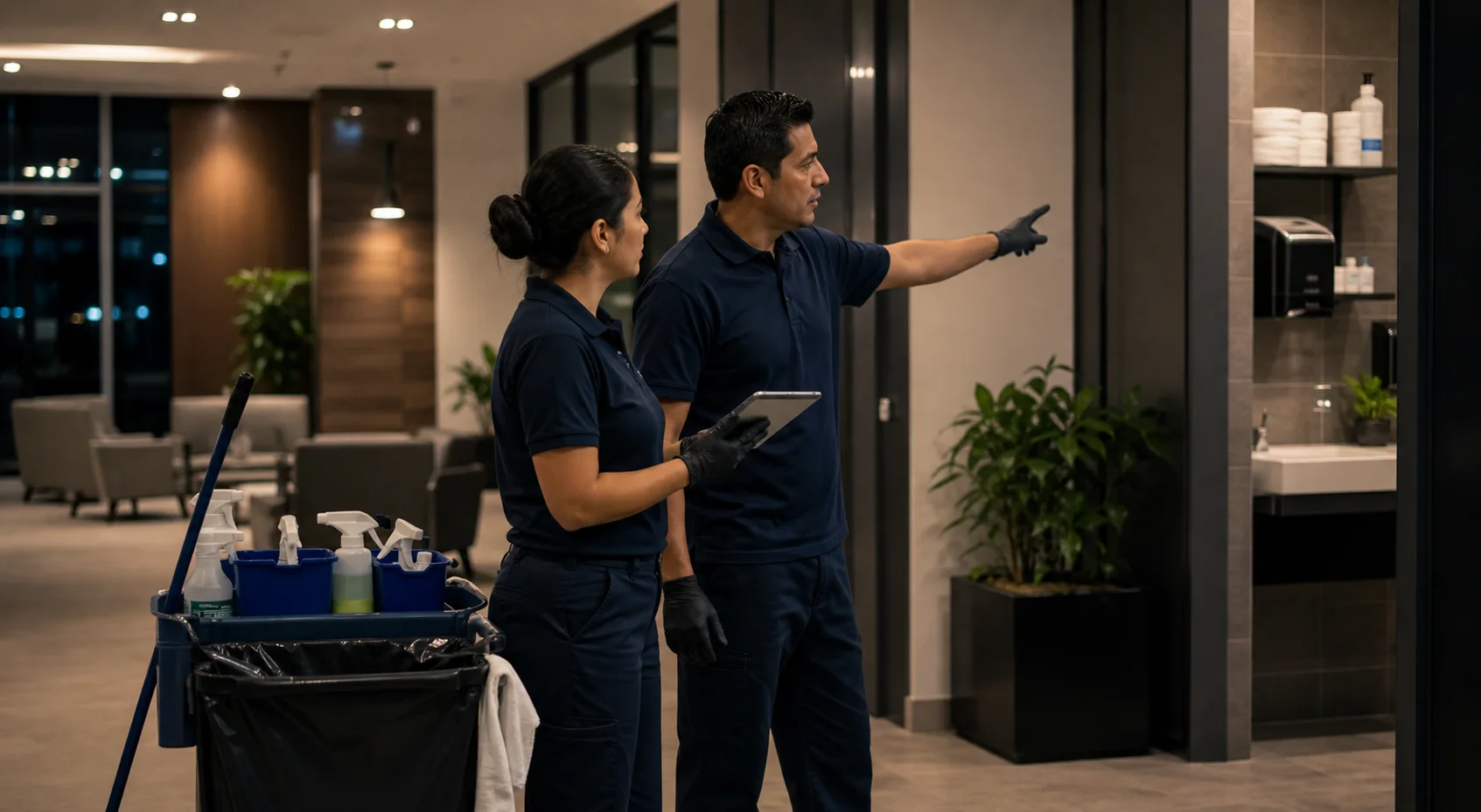 Janitorial team reviewing restroom supply and task standards in a commercial building