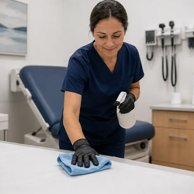 Commercial cleaning professional sanitizing shared high-touch surfaces